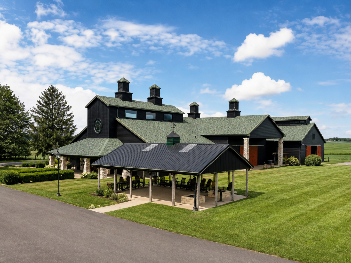 Aerial view of The Show Barn venue and covered pavilion